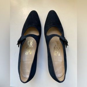 VTG Navy Suede Ferragamo Mary Janes